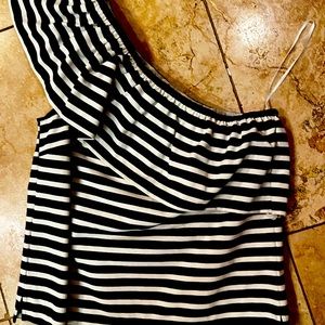 Striped one-shoulder J. Crew top, black and white
